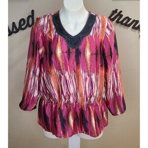 Russell Kemp New York Colorful Beaded Neck 1X Top New
